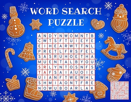 Christmas gingerbread, word search puzzle game worksheet or kids quiz, vector riddle. Crossword puzzle riddle to find Christmas gingerbread cookies of Santa, Xmas tree and snowflake and deer