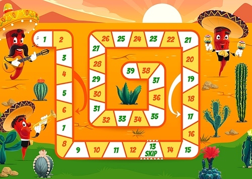 Kids board game with Mexican mariachi musicians and cactus in desert. Start and finish vector tabletop dice game with mexican cartoon chili pepper characters in sombrero with guitar and maracas