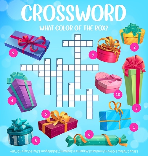 Holiday gifts and presents, crossword vector worksheet or find a word quiz game. Kids riddle guess what color of birthday, Christmas and love gift boxes with ribbons and wrappers