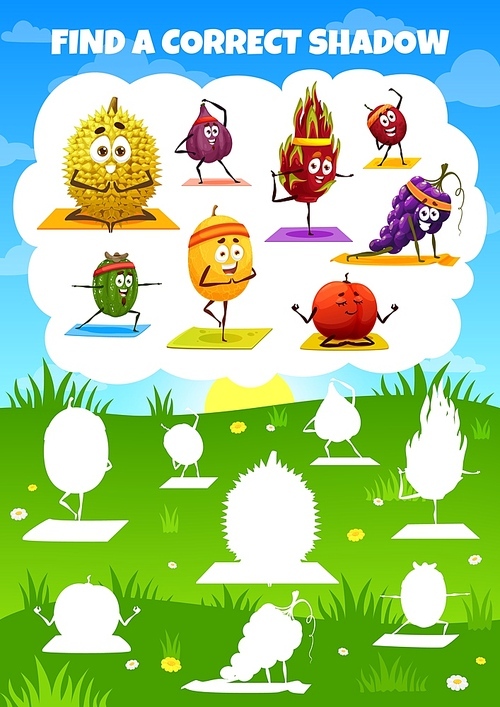 Find correct shadow of cartoon fruit characters on yoga, kids game vector worksheet. Find and match silhouettes of tropical melon, fig and grape, melon and durian on pilates sport or yoga meditation