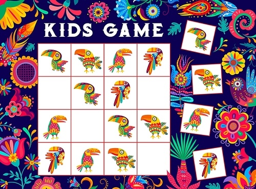 Kids sudoku game worksheet. Mexican toucan birds, feathers and flowers, vector puzzle. Kids tabletop sudoku riddle or board game with mexican birds, cactus and flowers to find and match