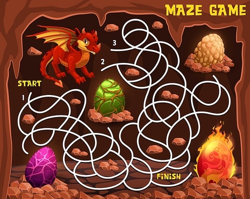 Labyrinth maze with cartoon dinosaur or dragon eggs in cave. Start to finish game, kids education puzzle or pathfinding riddle vector worksheet with winged dinosaur or dragon and eggs