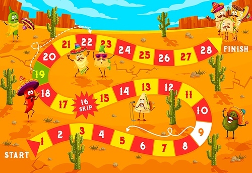 Kids board game cartoon mexican food characters on desert landscape. Vector step boardgame with tex mex tacos, burrito, avocado, queasdilla, nachos, enchiladas and jalapeno. Children riddle worksheet