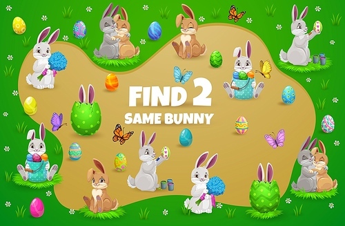 Easter kids game with cartoon bunnies and eggs. Vector education puzzle, memory game or matching riddle template, find two same Easter bunnies with eggs, flowers and butterflies on spring green grass