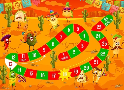 Kids boardgame and cartoon funny mexican food characters. Kindergarten child dice game. Playing activity, cartoon vector move board game with chili pepper, nachos and avocado, tacos, burrito in desert