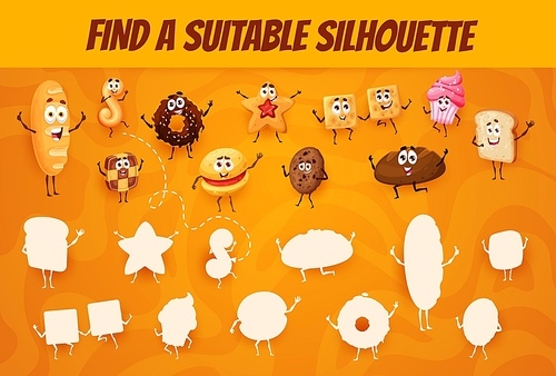 Find a suitable silhouette game worksheet. Cartoon cookies, bakery and desserts. Vector kids shadow match riddle with donut, bread, chocolate, crumbly or shortbread cookie, toast, cupcake characters
