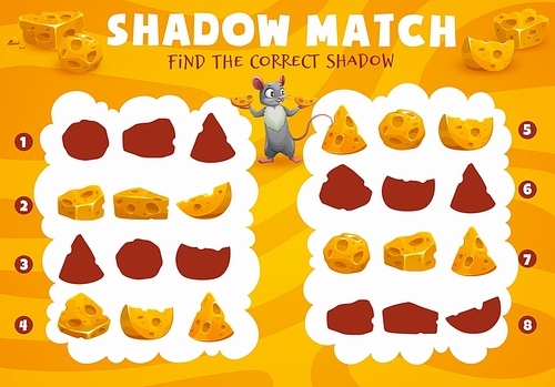 Cartoon cheese and mouse shadow match game worksheet. Kindergarten kids silhouette compare game, children logical riddle or vector intelligence quiz with cute mouse or rat holding swiss cheese pieces