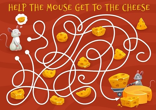 Labyrinth maze with cartoon mouse looking for Maasdam cheese, vector kids game. Labyrinth maze worksheet puzzle to help mouse find road or tangled way escape to cheese with holes