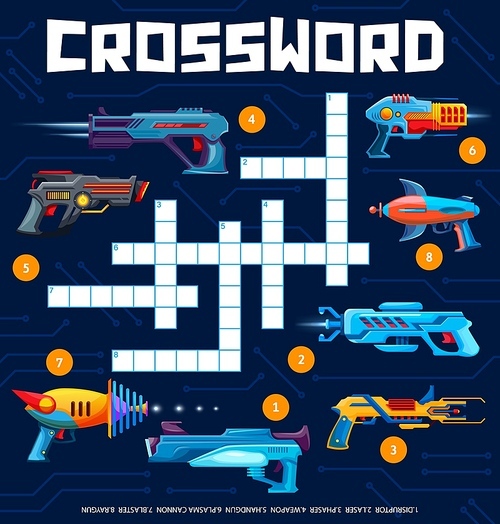 Blaster, handgun and raygun kids weapon toy crossword grid worksheet. Find a word quiz game, child vocabulary test or children educational vector puzzle game. Playing activity with fantastic guns