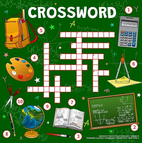 School stationery, crossword grid worksheet, find a word quiz game. Vector search puzzle for kids with calculator, chalkboard, paintbrush, palette and backpack, compass, textbook, pen, globe, scissors