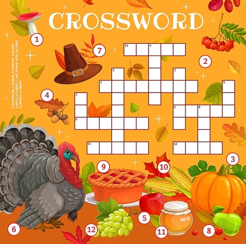 Thanksgiving crossword worksheet, find a word quiz, turkey, autumn harvest and pilgrim hat. Cartoon vector game, search puzzle for children with fall season crop. Cross word test for kids activity