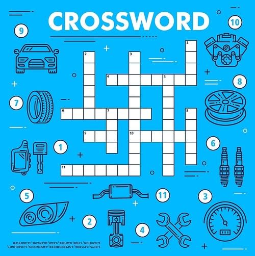 Car service and spare parts crossword grid worksheet, vector find word quiz game. Kids education riddle crossword to guess word of speedometer, car tires and engine with ignition and vehicle wrench