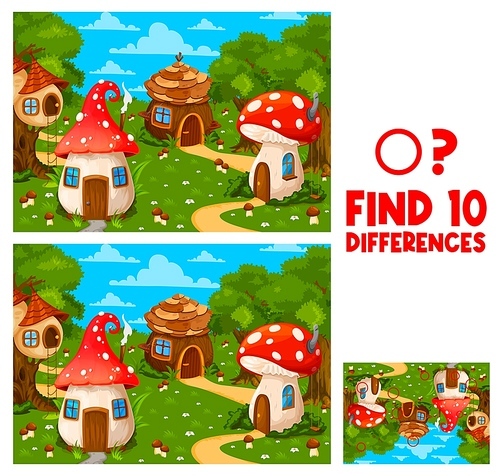 Find differences between wizard and gnome cartoon houses, kids game worksheet. Cartoon vector educational children riddle with fly agaric, amanita mushroom, hut on tree. Search ten distinctions puzzle