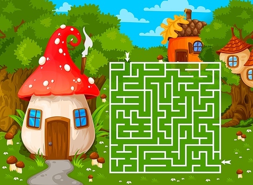 Labyrinth maze with magic forest and cartoon mushroom, nest or acorn house buildings. Vector board game with funny fairy, dwarf or elf dwellings on green summer woodland field. Kids boardgame riddle