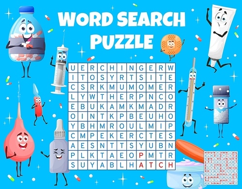 Cartoon medical instruments, pills, ointment word search puzzle game worksheet. Vector kids quiz with funny medicine characters, square word maze of syringe, thermometer, capsules, drops and enema