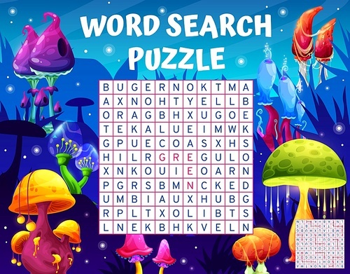 Magic luminous mushrooms alien planet, word search puzzle game, vector worksheet. Kids riddle quiz grid to search and find word of luminous mushroom colors in magic forest of toadstools