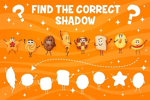 Cookies desserts and bakery characters, find the correct shadow kids game. Cartoon worksheet with croissant, chocolate cookie, shortbread and bread toast slice personages, matching riddle