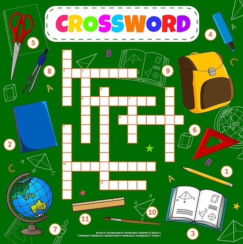 School items and stationery crossword grid worksheet. Find a word vector quiz game or puzzle with cartoon book, pencil, scissors and rulers, school bag, globe and notebook on blackboard background