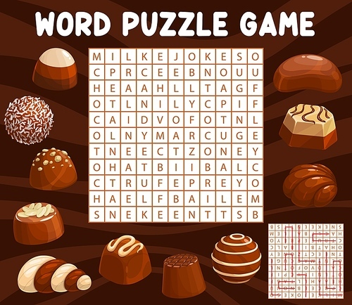 Chocolate candies and sweets word search puzzle game worksheet. Vector dessert food word maze, riddle or quiz, milk and white chocolate candies with nougat, praline, truffle and souffle fillings