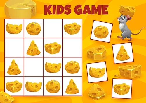 Cartoon cheese. Sudoku maze game worksheet. Kid logical rebus, vector educational riddle or child puzzle game with Swiss maasdam cheese pieces and funny mouse or rat rodent animal character