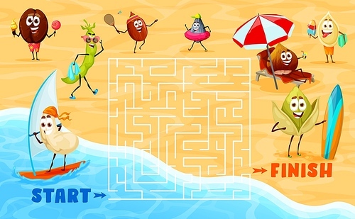 Labyrinth maze game. Funny nuts characters on summer beach. Child puzzle, vector quiz or children puzzle game with search way activity and coffee bean, sunflower seed and pistachio, cashew personages