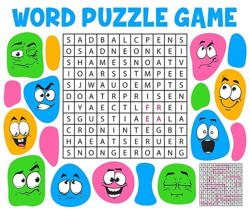 Cartoon face emotions and expressions, word search puzzle game worksheet, vector kids quiz grid. Riddle game to search and find words with emoticons and smiles angry, sad, crying and laughing