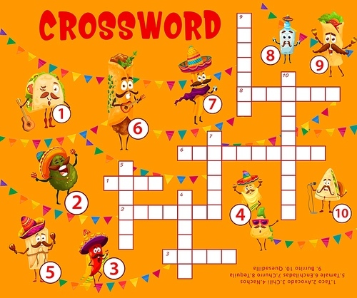 Cartoon mexican tex mex food characters crossword puzzle grid worksheet, find a word quiz game. Vector riddle with funny taco, avocado, chili and enchiladas. Churro, tequila, burrito and quesadilla