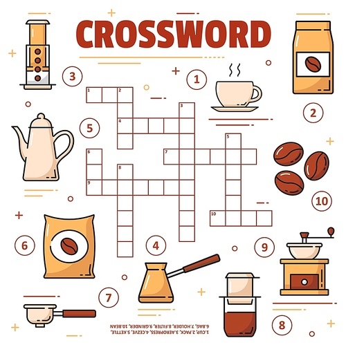 Coffee brewing, cup and beans crossword grid vector worksheet. Find a word quiz game puzzle, kids education fill in squares riddle with outline coffee pot, grinder, filter and pack, kettle, aeropress