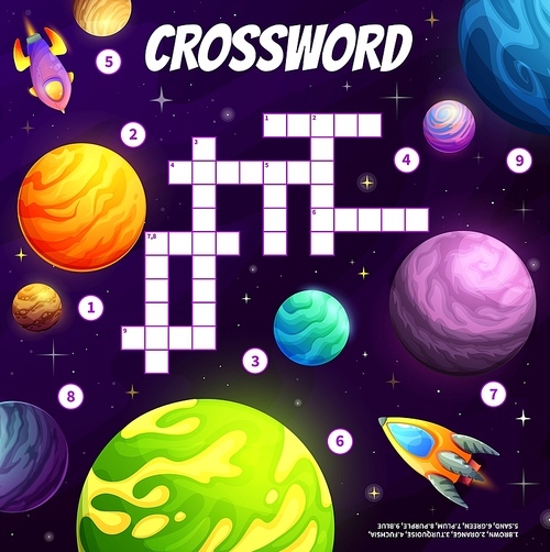 Galaxy, space planets and rockets. Crossword grid worksheet. Find a word quiz game, preschool kids logical riddle, intellectual test or vector vocabulary playing activity with alien planets
