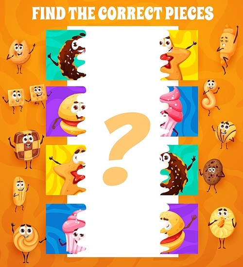 Cartoon cookies, bakery and desserts. Find the correct piece game worksheet, kids riddle or playing activity page with donut, muffin and chocolate cookie funny characters. Child puzzle quiz worksheet