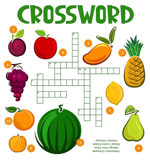 Isolated raw fruits crossword puzzle vector worksheet. Find a word quiz game grid with cartoon fruit food, fill in squares riddle of kids educational activity, tropical mango, apple, orange, pineapple