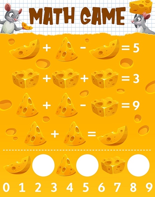 Cartoon maasdam cheese, mouse and rats characters math game worksheet. Vector riddle for kids addition and subtraction skills development. Education mathematics maze puzzle with funny mice playing