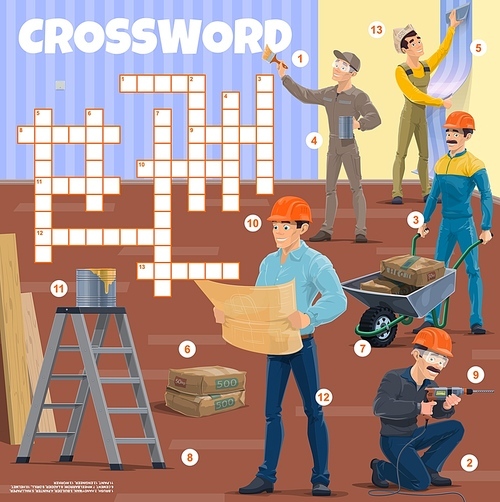 Foreman and workers. Crossword grid. Find a word quiz game, vocabulary riddle or kids quiz vector worksheet, playing activity page with handyman, builder and painter, engineer or foreman characters