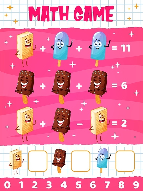 Cartoon funny ice cream dessert characters math game worksheet. Vector school or preschool educational maze. Puzzle for calculation mathematics skills development, education riddle for kids learning
