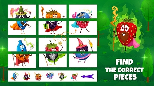 Cartoon funny wizard and fairy berries characters. Find the correct pieces game worksheet, kids riddle with matching and comparing task. Child logical quiz or puzzle game page with berries sorcerers