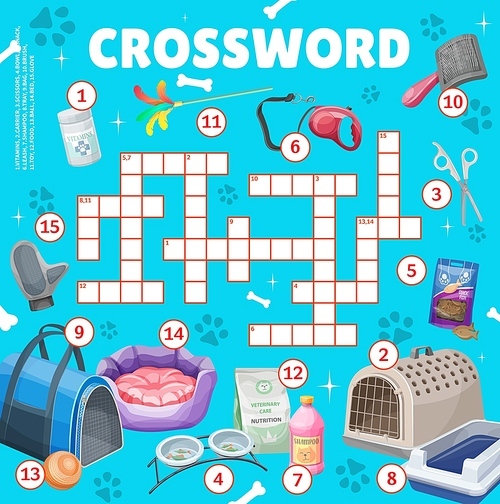 Cat and kitten pet care crossword grid worksheet, find word vector quiz game. Kids education crossword riddle with pets accessories, vitamins and scissors, food bowl and snacks, pet toy and shampoo