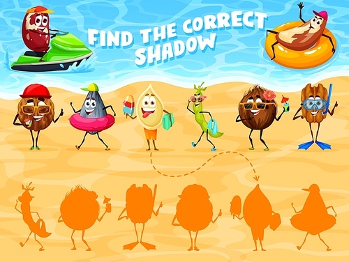 Find correct shadow, funny nuts on summer vacation, vector match game puzzle. Kids logic game worksheet to find correct shadow or similar silhouette cartoon peanut and walnut on summer sea beach