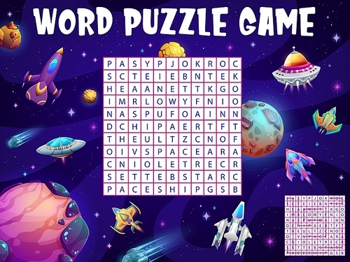 UFO spacecraft, starship shuttles in galaxy space, word search puzzle, vector game worksheet. Kids word quiz or riddle grid to search and find words of fantastic galaxy rockets, planets and alien UFO