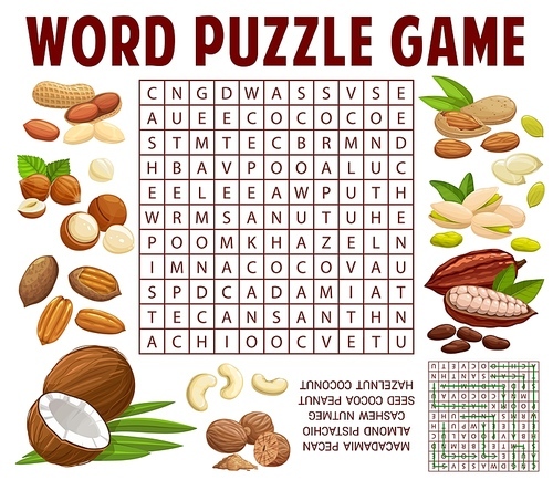 Nuts and kernels word search puzzle game vector worksheet. Kids quiz grid or education riddle with cartoon nut food, peanut, almond, pistachio and hazelnut, nutmeg, coconut, cashew and macadamia