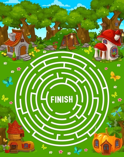 Round labyrinth maze game, cartoon fairy houses and dwellings of elf or gnome, vector kids worksheet. Labyrinth maze puzzle to find way to elf house of pumpkin, mushroom, boot and tree stump