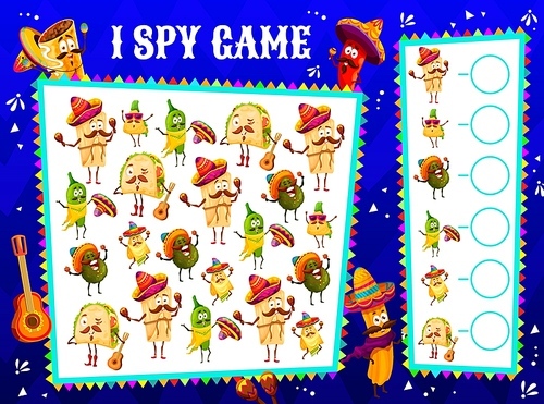Kids I spy game worksheet with cartoon Mexican food characters, vector tabletop riddle. I spy or find and match board game with Mexican burrito, tacos, avocado, nachos and jalapeno in sombrero