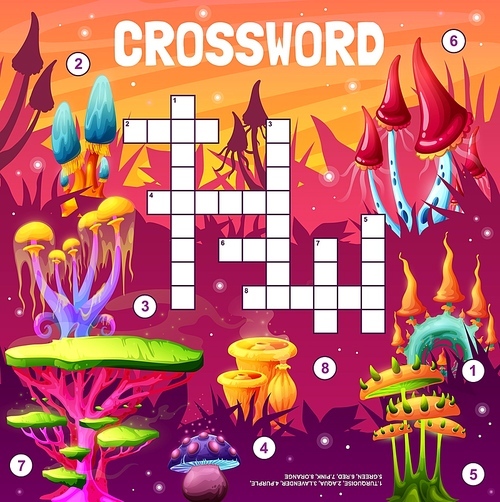 Magic fairytale mushrooms on alien planet. Crossword grid, find a word quiz game or vector logical puzzle. kids educational playing activity with words searching task with fantasy alien mushrooms