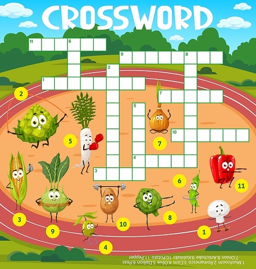 Cartoon funny vegetable sportsmen on athletic field, crossword puzzle game grid,. Vector kids quiz worksheet or crossword riddle with vegetable son sport, corn, pepper and potato with gym barbell