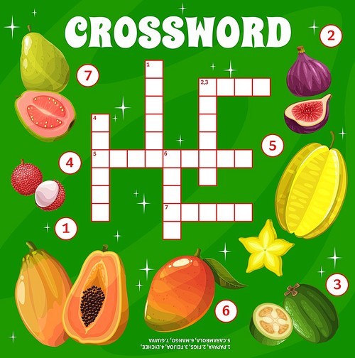 Tropical raw fruits crossword grid, find a word quiz game. Cartoon vector worksheet with papaya, figs, feijoa and lychee, carambola, mango and guava exotic plants. Search puzzle, crossword for kids