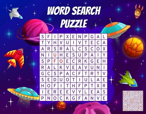 Word search puzzle game worksheet, cartoon space planets,  and starships kids quiz grid. Vector crossword with alien saucer, spaceship, rocket, spacecraft in galaxy universe. Educational words task