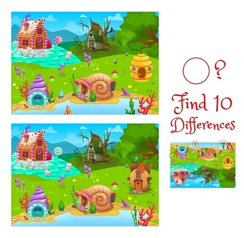 Find differences between fairytale houses kids game worksheet. Children quiz, logical game with matching task. Child find differences riddle, playing activities book vector with fantasy homes