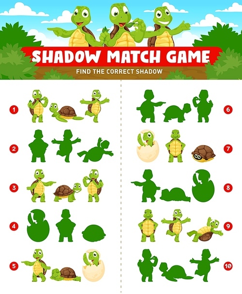 Shadow match game, cartoon turtles and cheerful tortoise animal characters, vector kids puzzle. Find correct shadow silhouette of funny baby turtle smiling happy or hatching from egg, kids riddle game