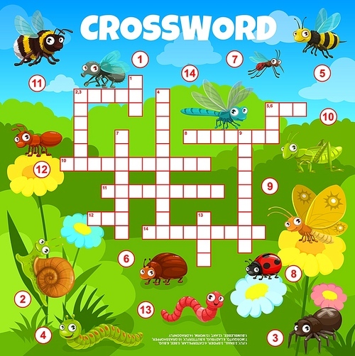 Cartoon funny insects characters, crossword grid worksheet, vector find word quiz. Crossword riddle to guess word in grid, fly with snail or caterpillar, bee and bag, butterfly and dragonfly