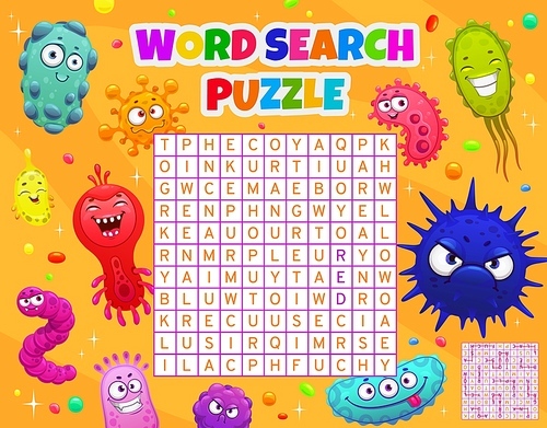 Cartoon viruses, germs and microbes word search puzzle game worksheet, kids quiz. Vector crossword grid, brainteaser for children with funny microorganism characters and latin letters at square field