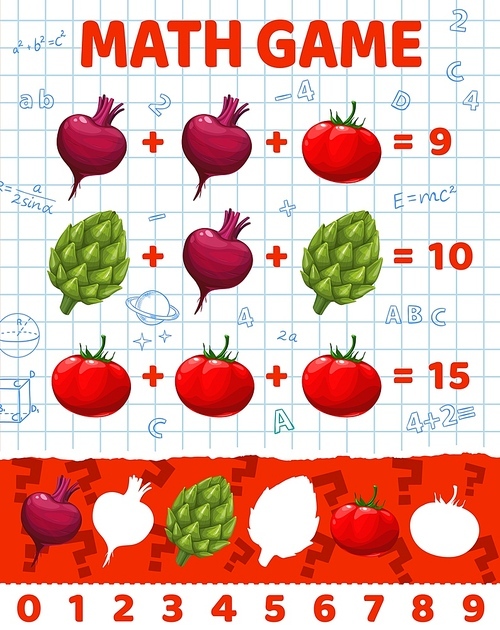 Math game worksheet with ripe beet, tomato and artichoke, vector education riddle. Kids math puzzle with vegetables for mathematics addition and subtraction riddle for count and calculation skills